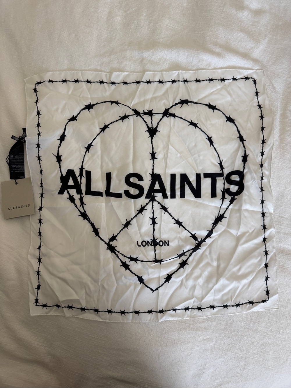 ALLSAINTS 100% Silk Scarf with Black Barbed Heart Print black & white NWT